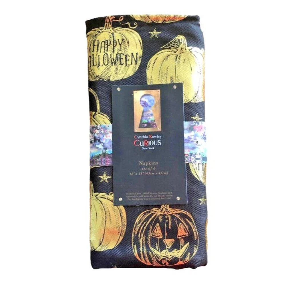 Cynthia Rowley Black Halloween Napkins Set of 6 Fabric Gold Metallic Pumpkins